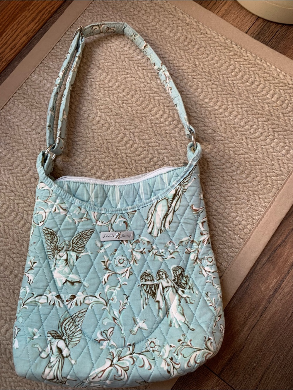Light Aqua Quilted Shoulder Bag with Angel Motif